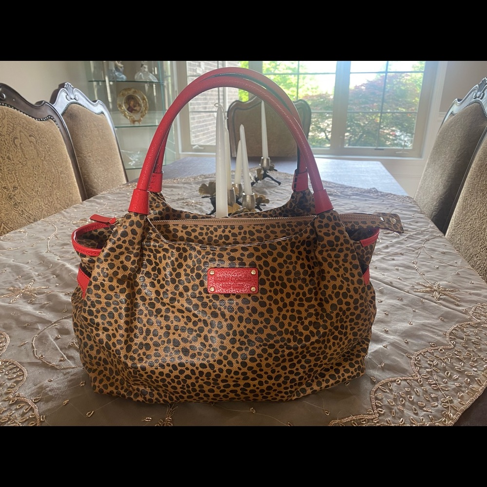 Kate Spade Leopard Bag with red leather handles & trim